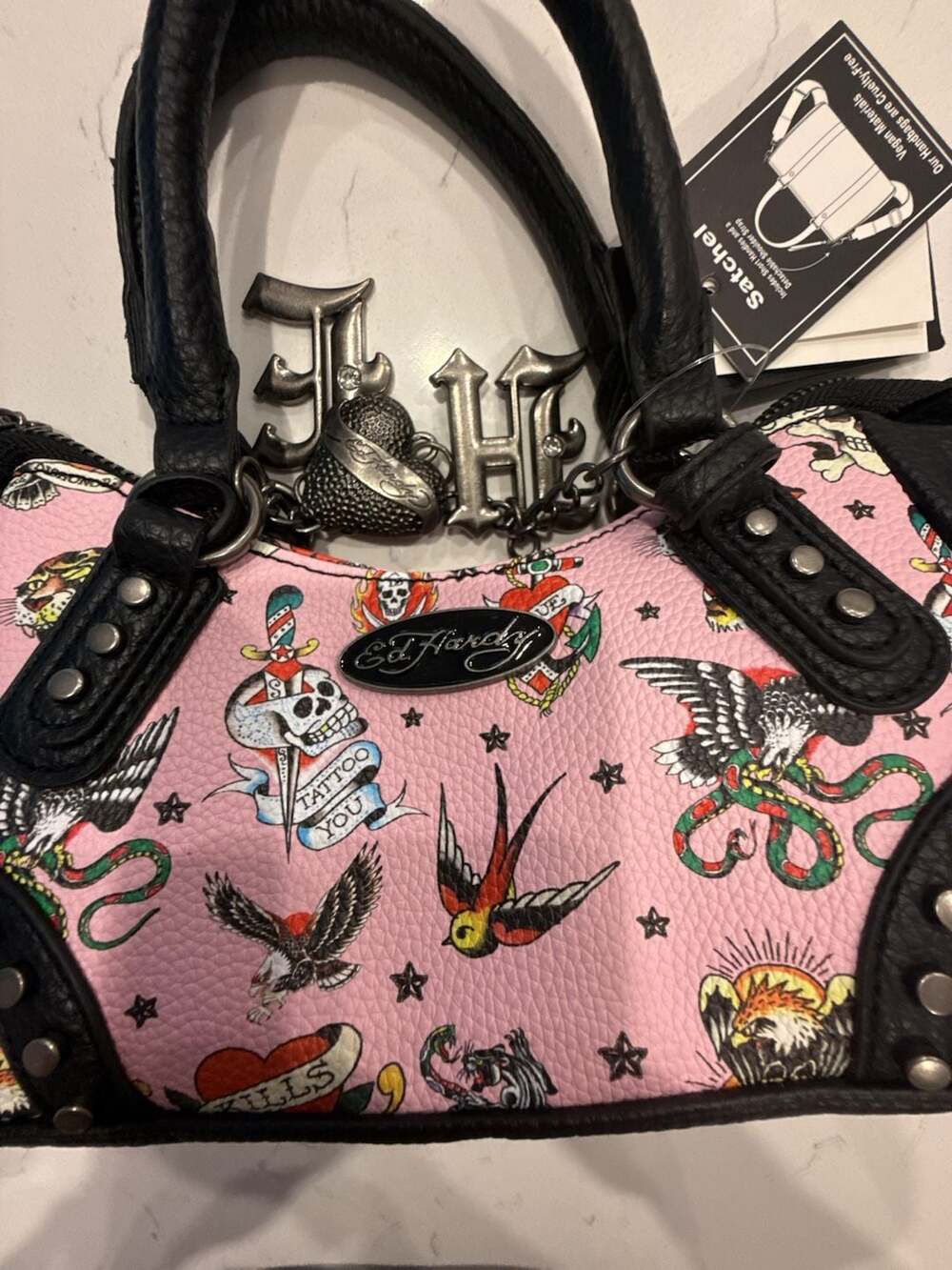 Ed Hardy Pink Tattoo Print Vegan Leather Studded Small Satchel Bag NWT - Picture 2 of 13